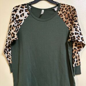 Olive Green Sweatshirt with Leopard Print Sleeves